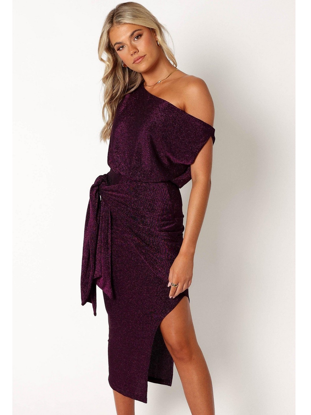 NWT Petal & Pup Med Women’s Purple Metallic Santiago Off Shoulder Midi Dress $99